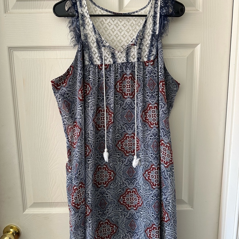 Target - Xhileration - Sleeveless Boho Patterned Midi Dress in Navy, Red & White
